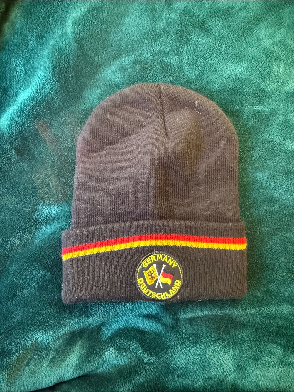 Black Germany Knit Beanie with Red and Yellow Stripe